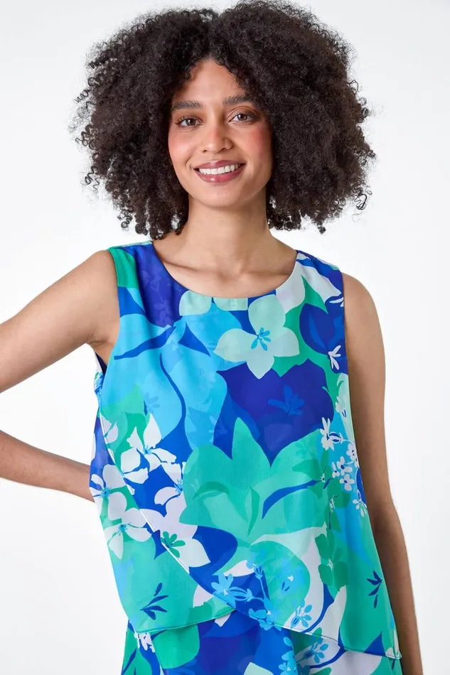 Women Blue Floral Print Tiered Layer Dress Roman Dresses