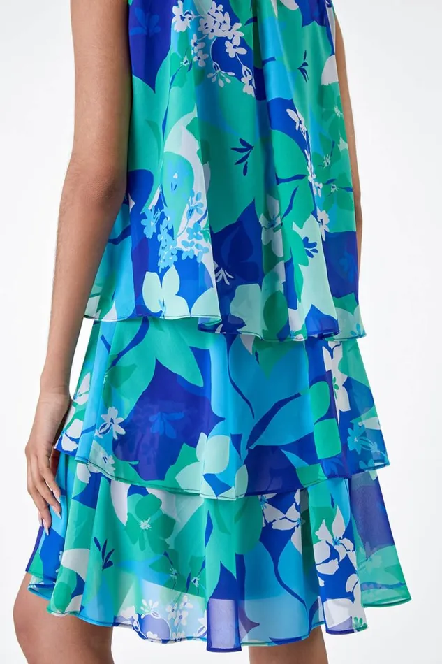 Women Blue Floral Print Tiered Layer Dress Roman Dresses