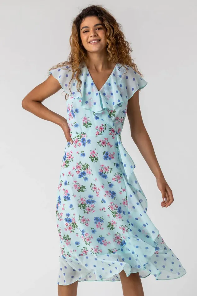 Women Blue Floral Spot Print Frill Wrap Dress Roman Dresses