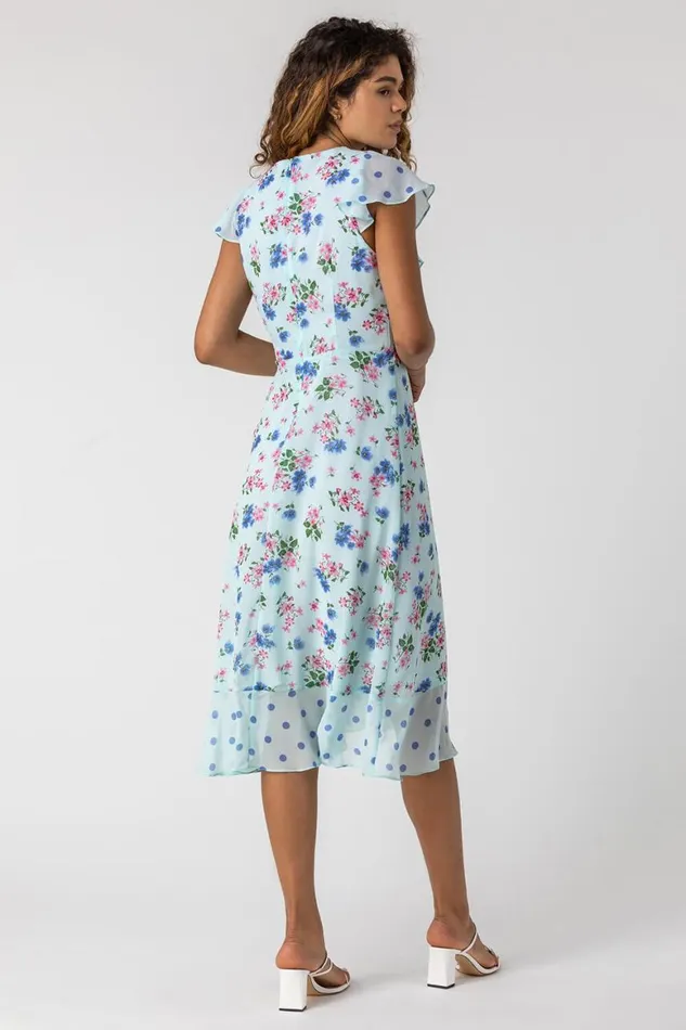 Women Blue Floral Spot Print Frill Wrap Dress Roman Dresses
