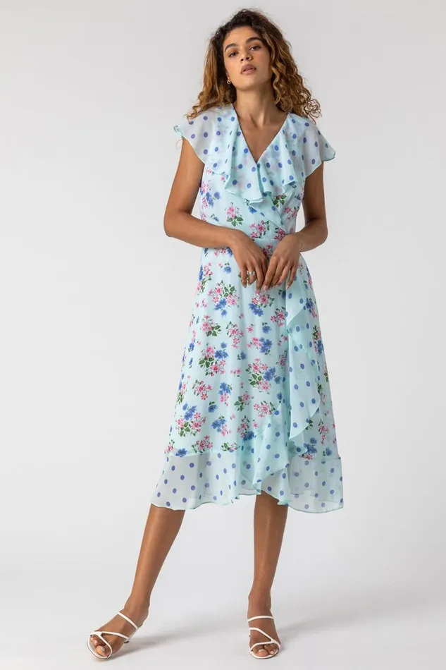 Women Blue Floral Spot Print Frill Wrap Dress Roman Dresses