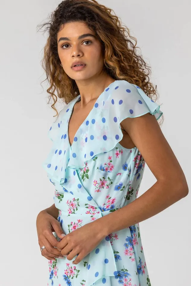 Women Blue Floral Spot Print Frill Wrap Dress Roman Dresses