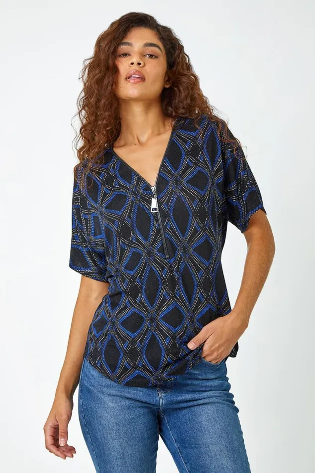 Women Blue Geometric Glitter Print Zip Stretch Top Roman Tops
