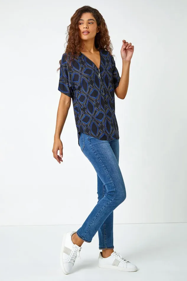 Women Blue Geometric Glitter Print Zip Stretch Top Roman Tops