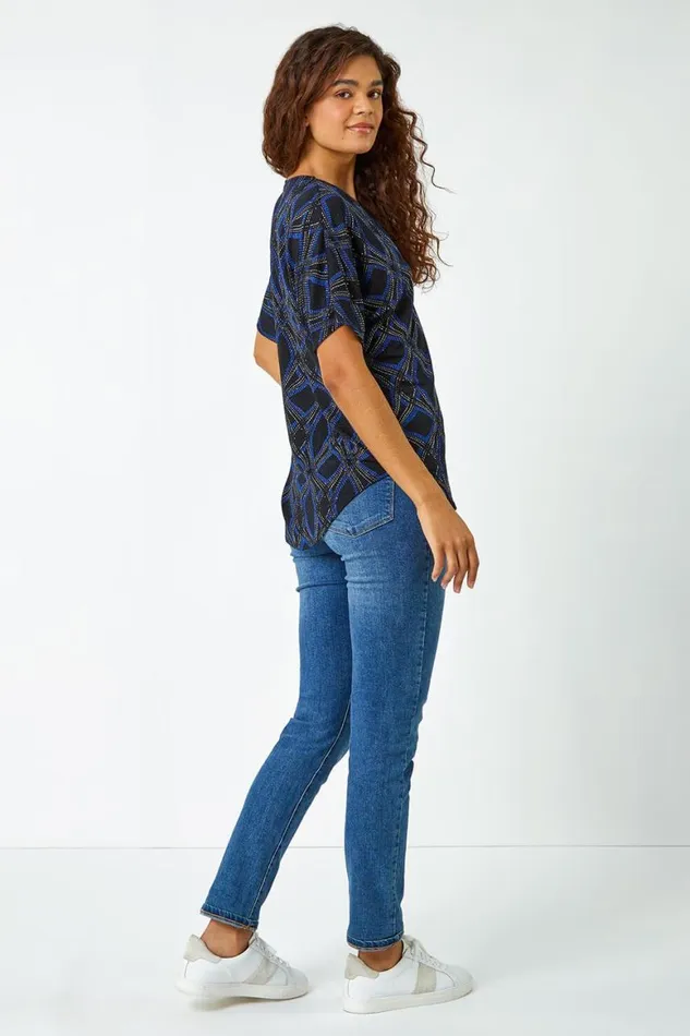 Women Blue Geometric Glitter Print Zip Stretch Top Roman Tops