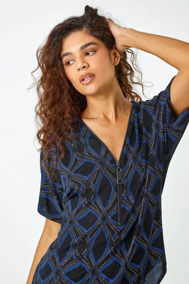 Women Blue Geometric Glitter Print Zip Stretch Top Roman Tops