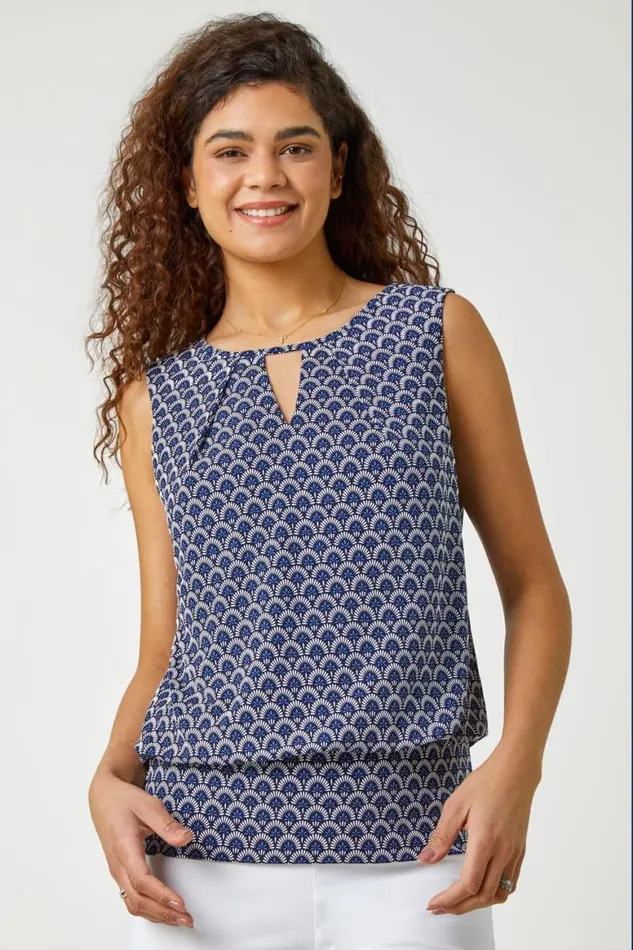 Women Blue Geometric Print Blouson Stretch Top Roman Tops