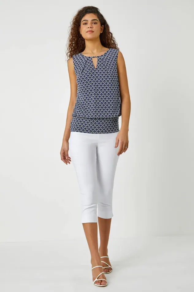 Women Blue Geometric Print Blouson Stretch Top Roman Tops