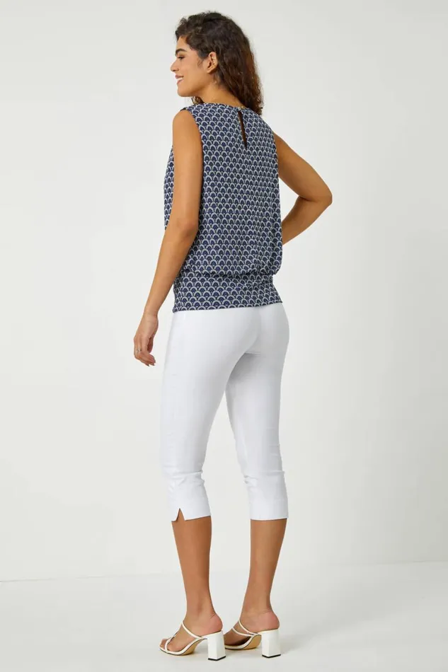 Women Blue Geometric Print Blouson Stretch Top Roman Tops