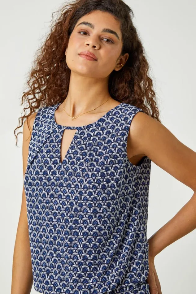 Women Blue Geometric Print Blouson Stretch Top Roman Tops