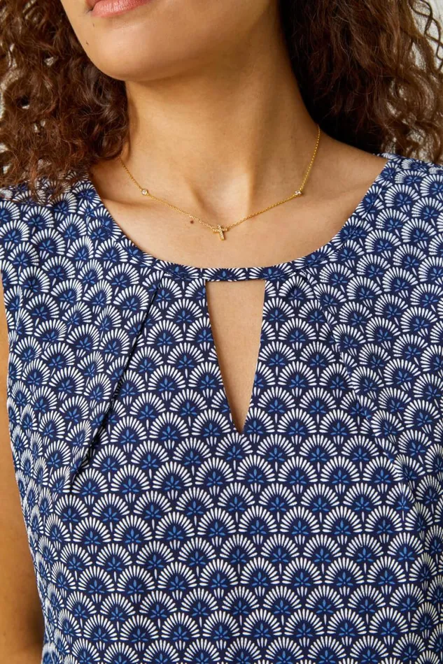 Women Blue Geometric Print Blouson Stretch Top Roman Tops