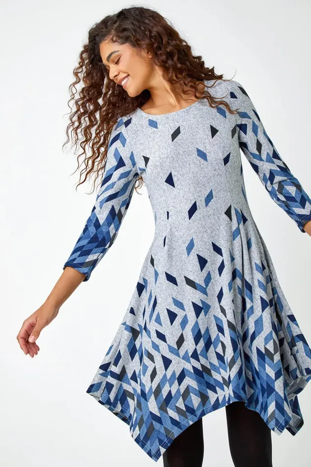 Women Blue Geometric Print Panelled Stretch Dress Roman Dresses
