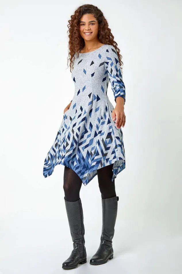 Women Blue Geometric Print Panelled Stretch Dress Roman Dresses