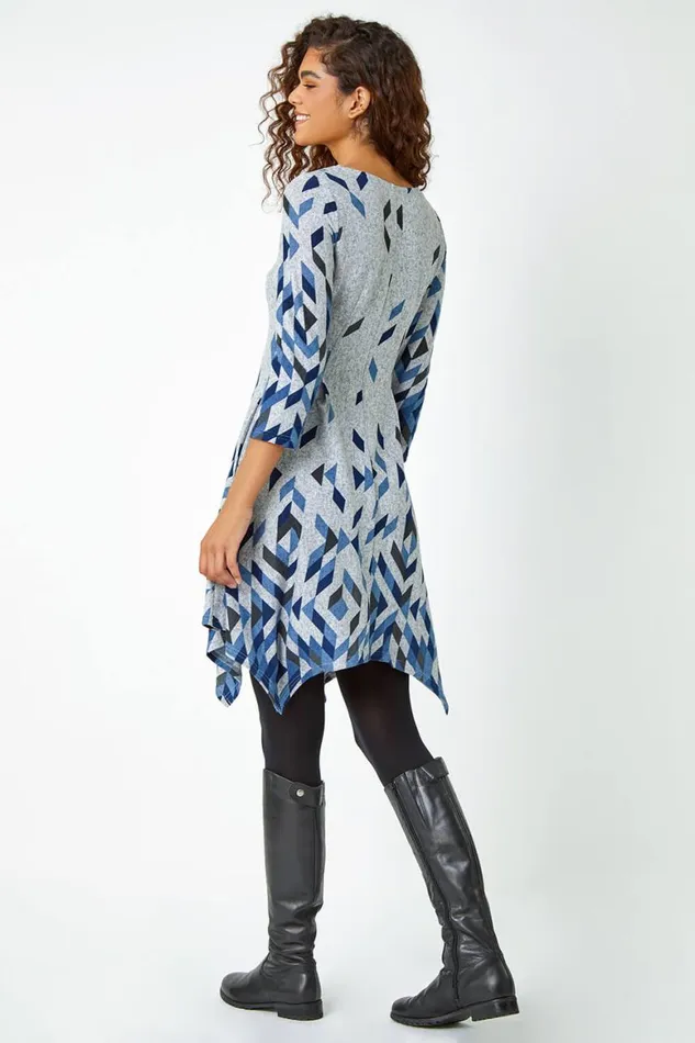 Women Blue Geometric Print Panelled Stretch Dress Roman Dresses