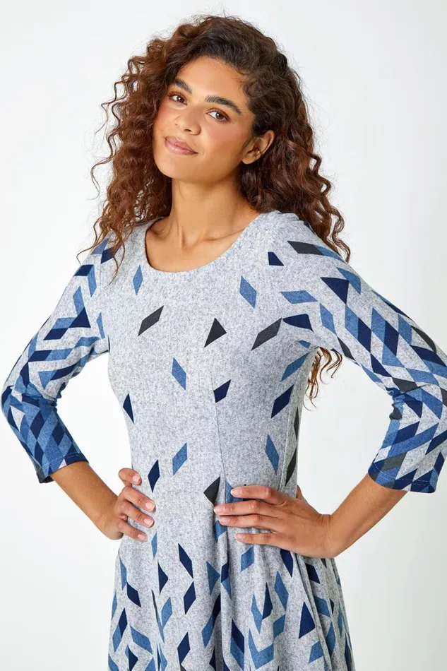 Women Blue Geometric Print Panelled Stretch Dress Roman Dresses
