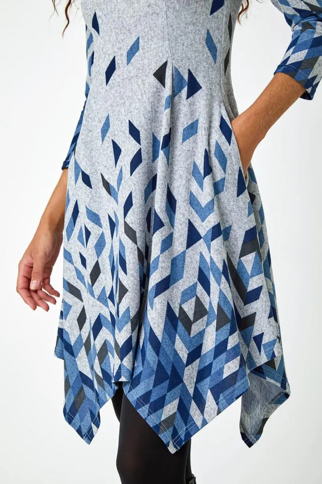 Women Blue Geometric Print Panelled Stretch Dress Roman Dresses