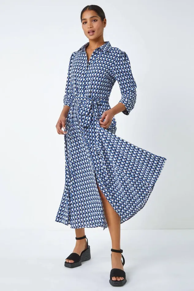 Women Blue Geometric Print Tie Waist Midi Shirt Dress Roman Dresses