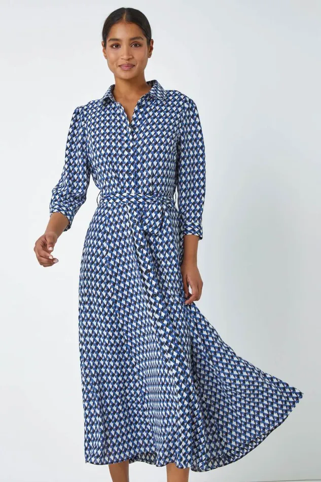 Women Blue Geometric Print Tie Waist Midi Shirt Dress Roman Dresses
