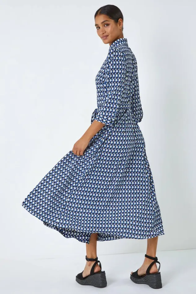 Women Blue Geometric Print Tie Waist Midi Shirt Dress Roman Dresses