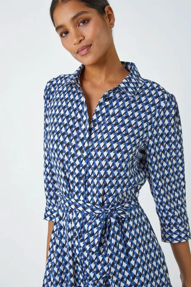 Women Blue Geometric Print Tie Waist Midi Shirt Dress Roman Dresses