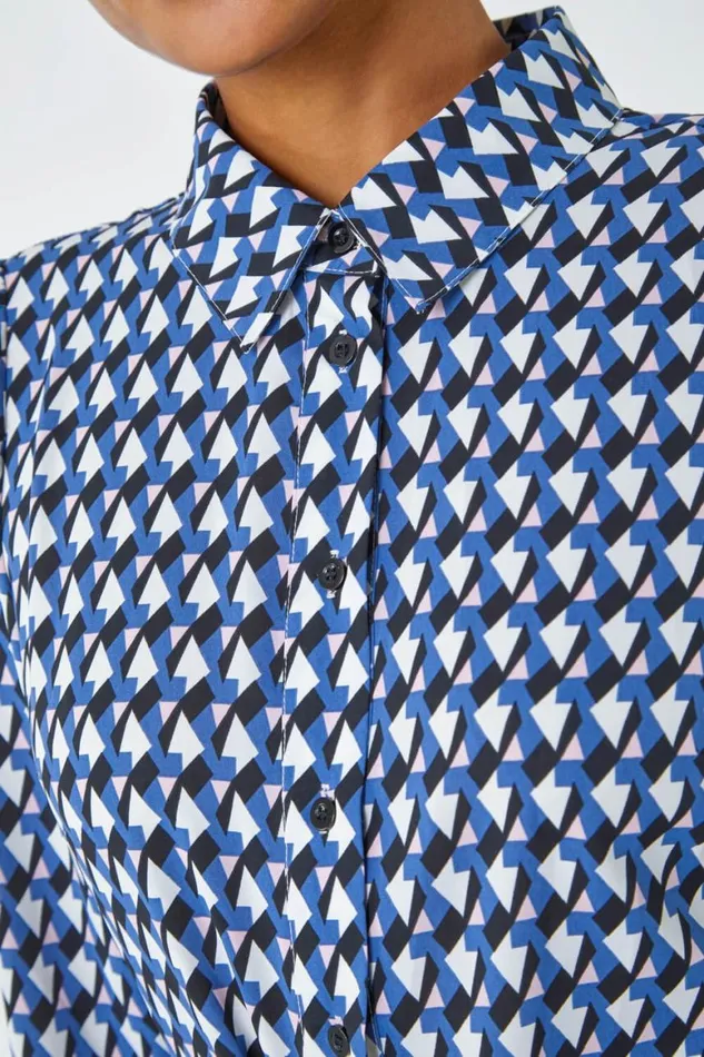 Women Blue Geometric Print Tie Waist Midi Shirt Dress Roman Dresses