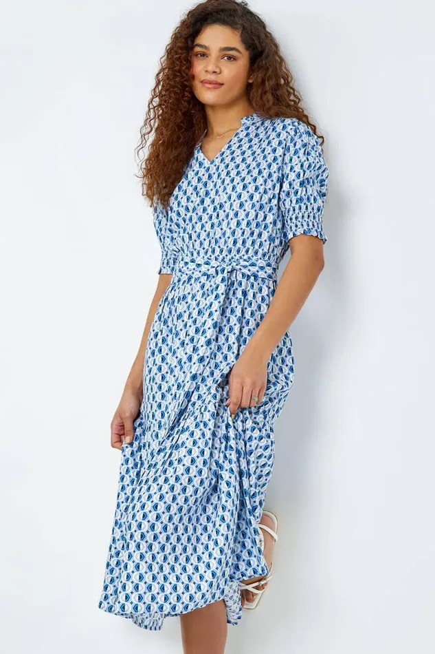 Women Blue Geometric Tiered Belted Midi Dress Roman Dresses