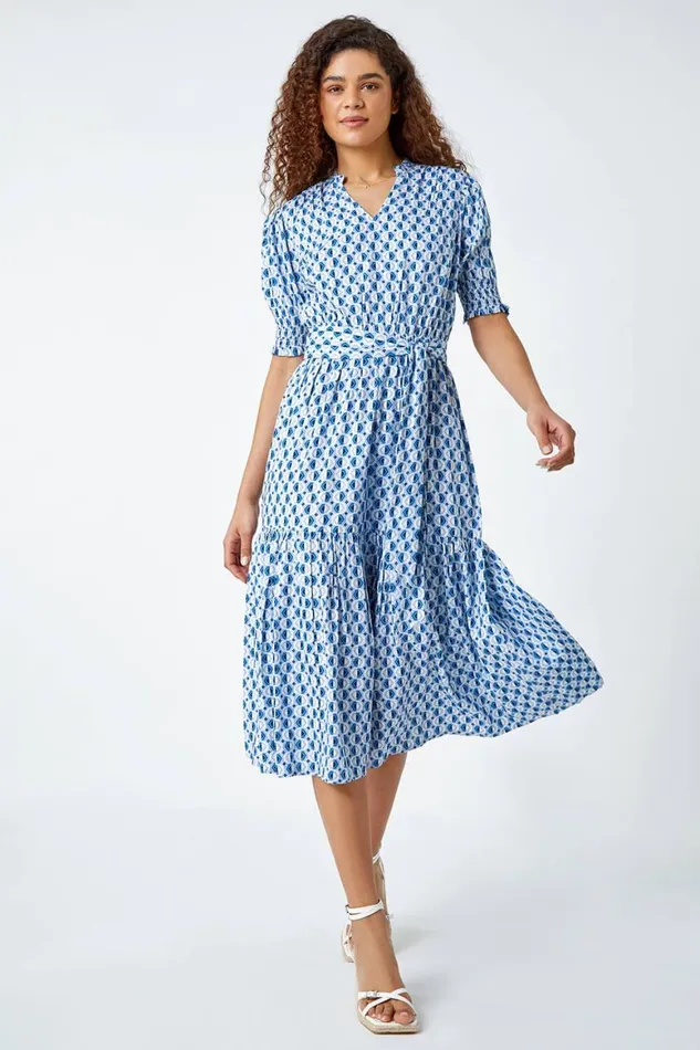 Women Blue Geometric Tiered Belted Midi Dress Roman Dresses