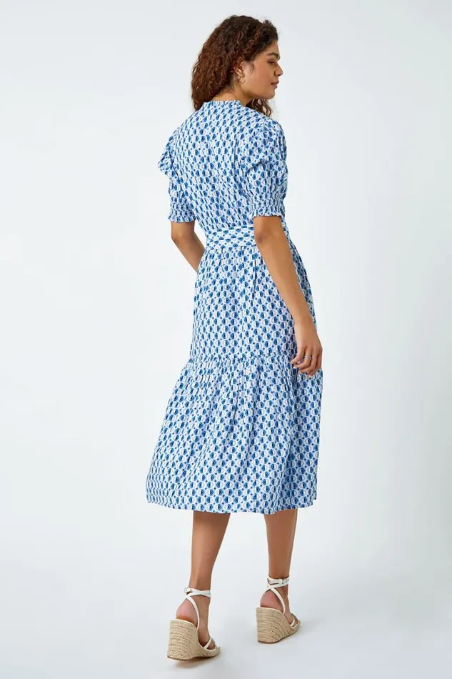 Women Blue Geometric Tiered Belted Midi Dress Roman Dresses