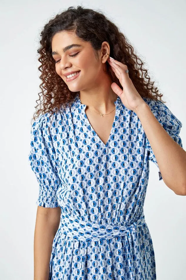 Women Blue Geometric Tiered Belted Midi Dress Roman Dresses