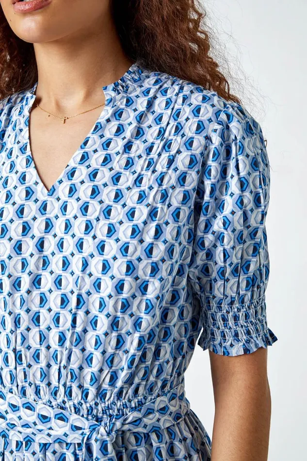 Women Blue Geometric Tiered Belted Midi Dress Roman Dresses