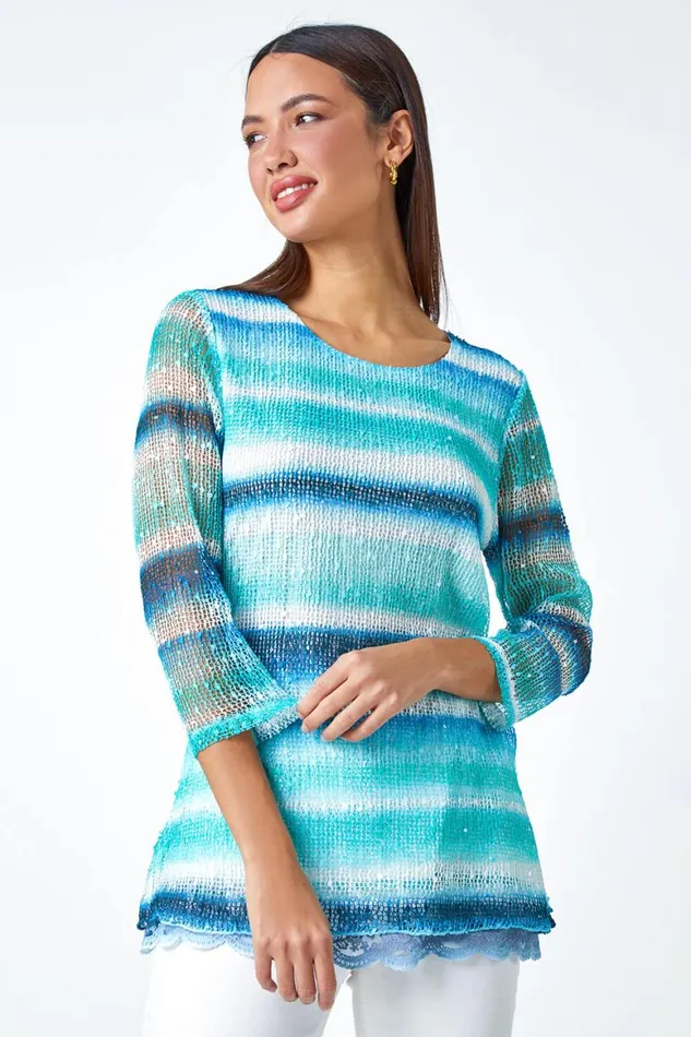 Women Blue Lace Trim Stripe Mesh Overlay Top Roman Tops
