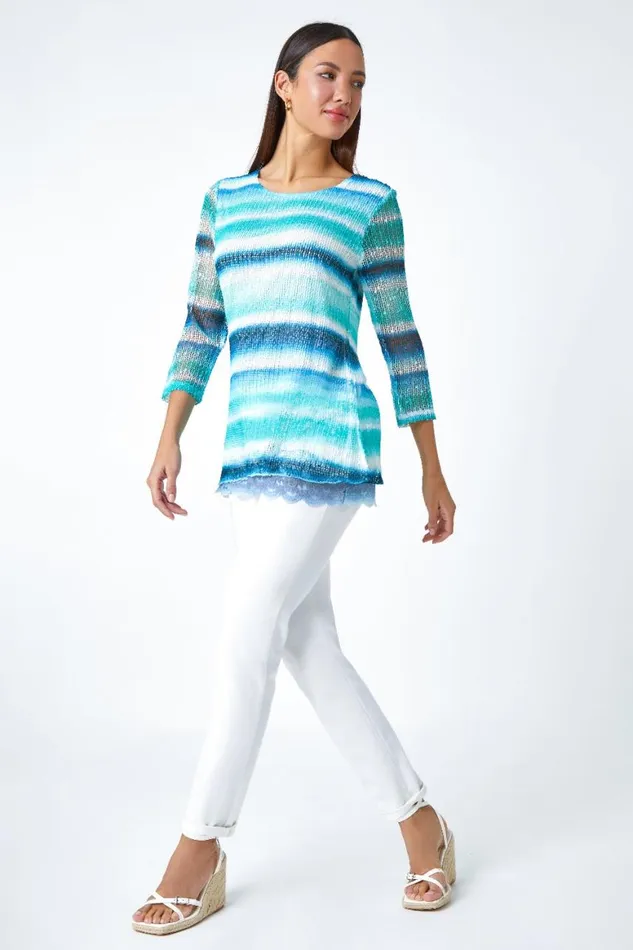 Women Blue Lace Trim Stripe Mesh Overlay Top Roman Tops