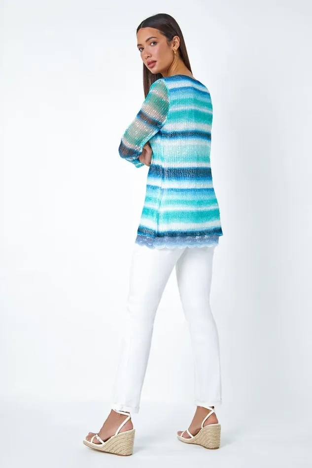 Women Blue Lace Trim Stripe Mesh Overlay Top Roman Tops