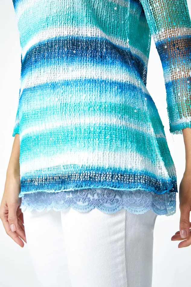 Women Blue Lace Trim Stripe Mesh Overlay Top Roman Tops