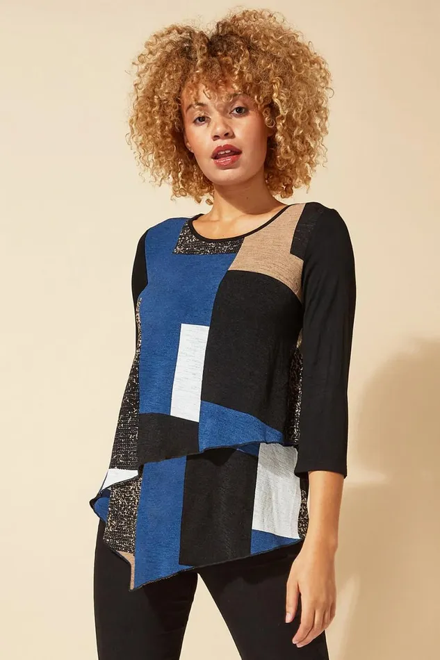 Women Blue Longline Colour Block Hanky Hem Tunic Top Roman Tops
