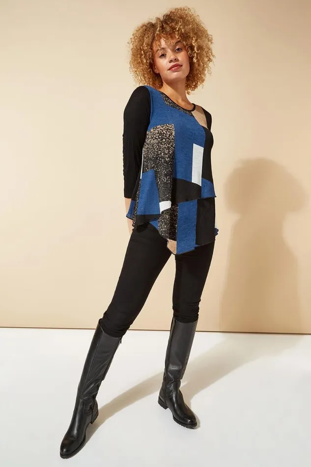 Women Blue Longline Colour Block Hanky Hem Tunic Top Roman Tops