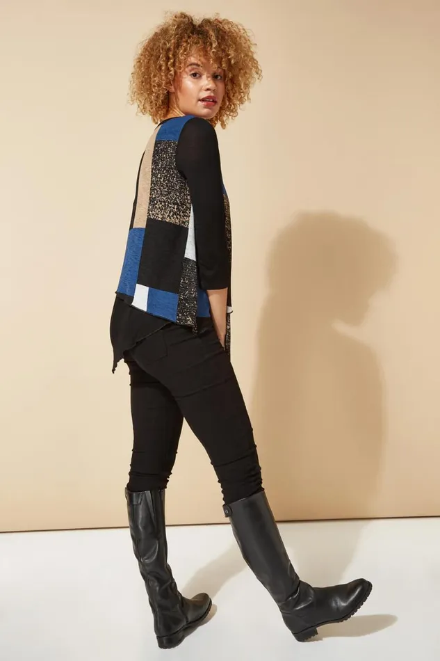 Women Blue Longline Colour Block Hanky Hem Tunic Top Roman Tops