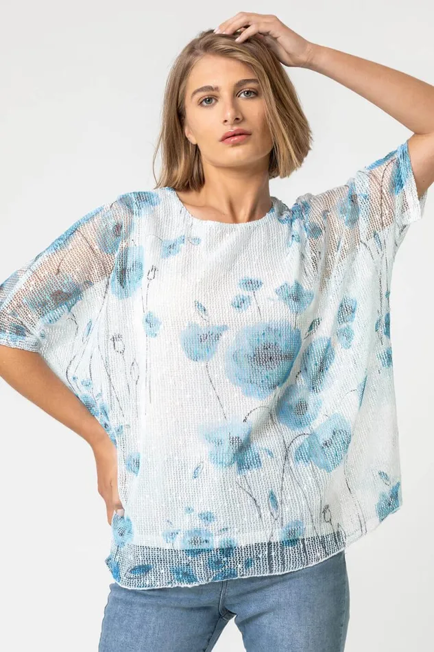 Women Blue Mesh Overlay Floral Print Top Roman Tops