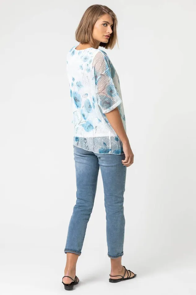 Women Blue Mesh Overlay Floral Print Top Roman Tops
