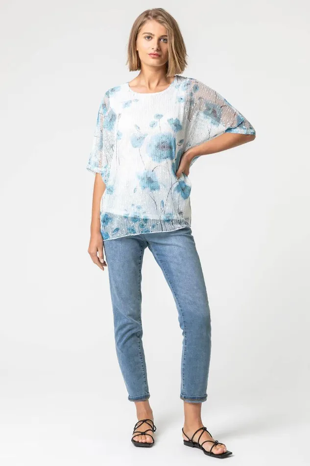 Women Blue Mesh Overlay Floral Print Top Roman Tops