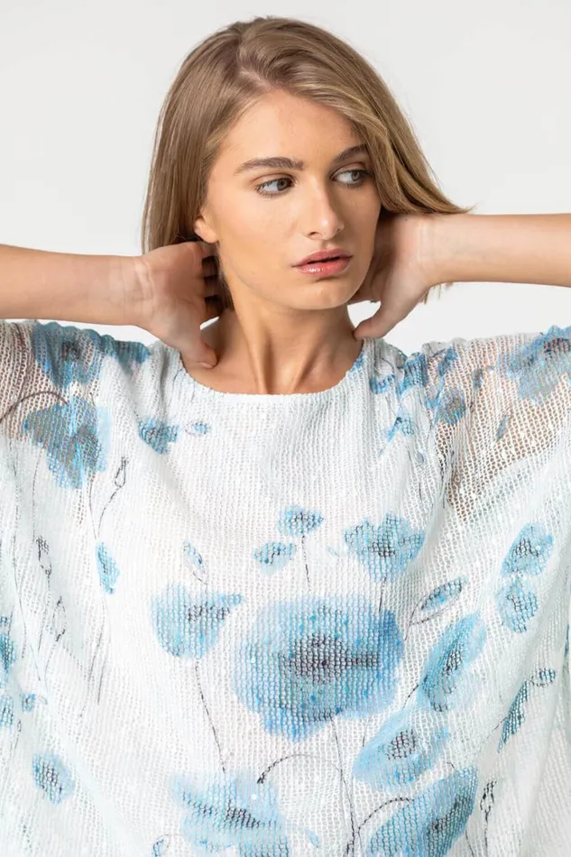 Women Blue Mesh Overlay Floral Print Top Roman Tops