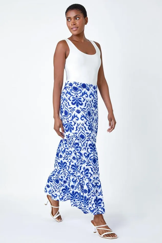 Women Blue Ornate Print Frilled Maxi Skirt Roman Skirts