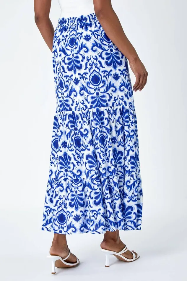 Women Blue Ornate Print Frilled Maxi Skirt Roman Skirts