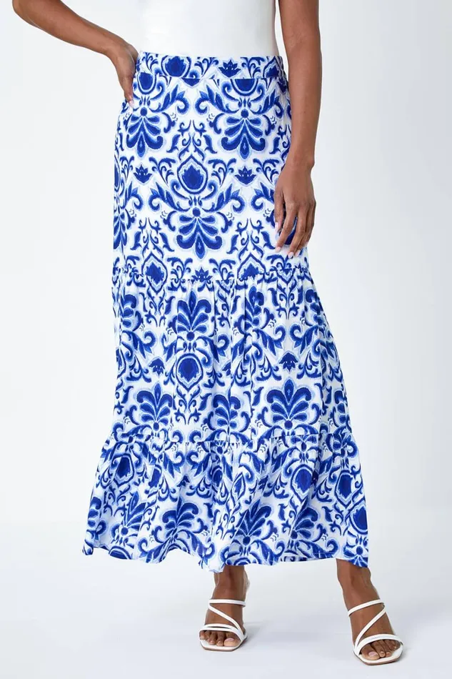 Women Blue Ornate Print Frilled Maxi Skirt Roman Skirts