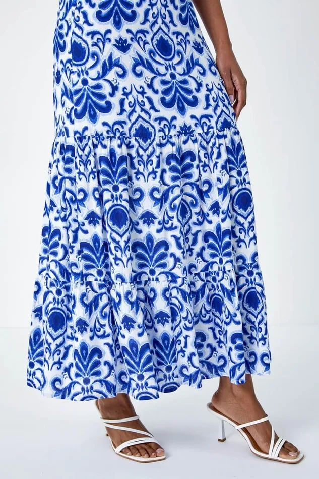 Women Blue Ornate Print Frilled Maxi Skirt Roman Skirts