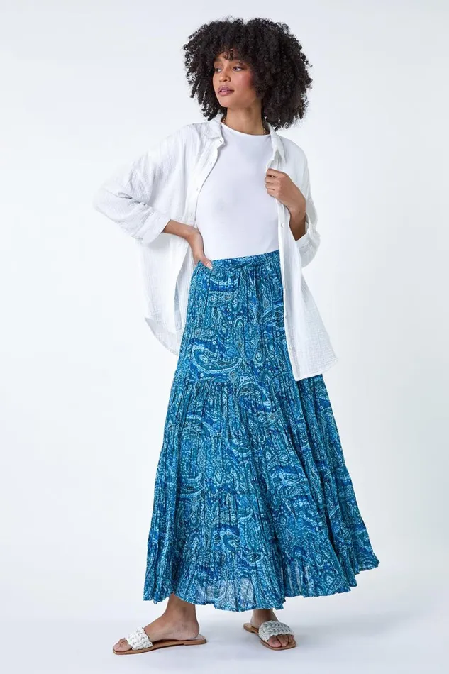 Women Blue Paisley Crinkle Cotton Tiered Maxi Skirt Roman Skirts