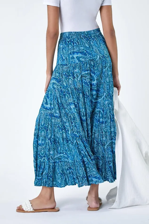 Women Blue Paisley Crinkle Cotton Tiered Maxi Skirt Roman Skirts