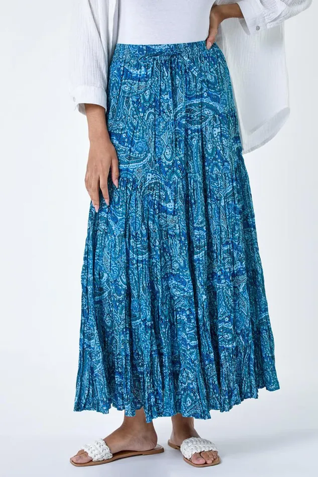 Women Blue Paisley Crinkle Cotton Tiered Maxi Skirt Roman Skirts