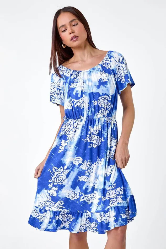 Women Blue Petite Abstract Floral Stretch Frill Dress Roman Dresses