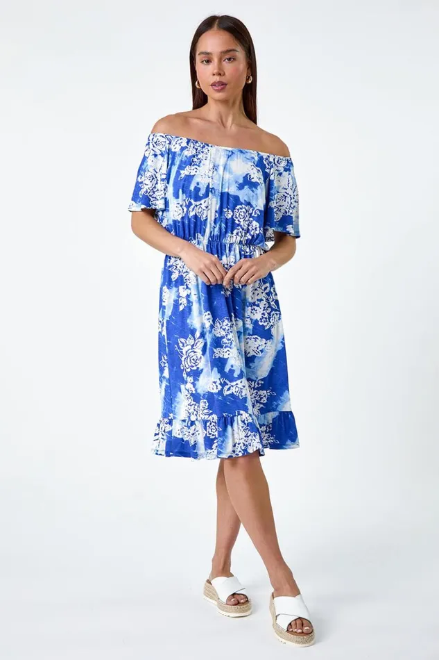 Women Blue Petite Abstract Floral Stretch Frill Dress Roman Dresses